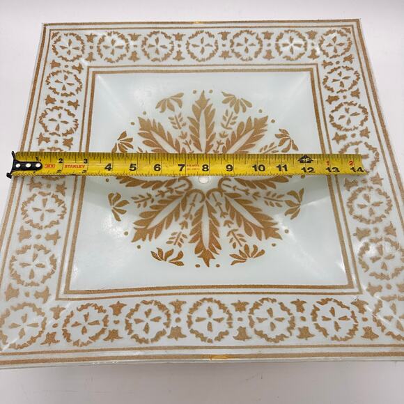 Vtg MCM square Ceiling Light Fixture Cover White Glass Gold Shade 16" 50s 60s EC - Picture 4 of 16